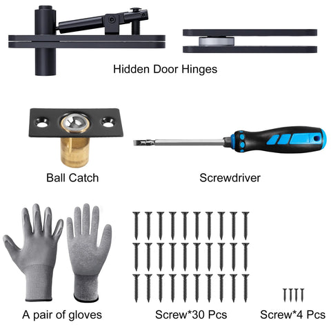 Hidden Door Hinge With Dual Bearing For Silent Operation Heavy Duty Conceal Hinge Supports Up To 573 Lbs 260 Kg Rotation 360 Degree Pivot Set with screws, ball catch, screwdriver, and gloves.