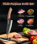 Hand Forged Japanese Chef Knife Set 3 Piece Kitchen Knife Bundle with Viking Chef Knife in kitchen with meat and vegetables