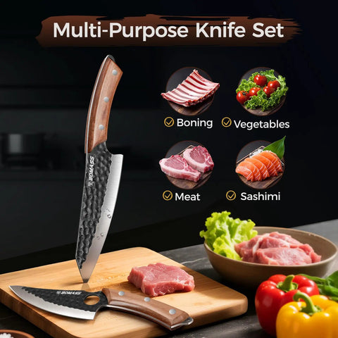 Hand Forged Japanese Chef Knife Set 3 Piece Kitchen Knife Bundle with Viking Chef Knife in kitchen with meat and vegetables
