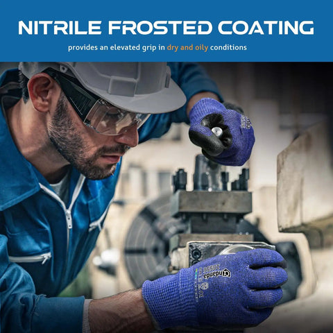 Man using Level 5 Cut Resistant Work Gloves With Nitrile Palm Grip For Dry To Oily Surfaces while machining metal