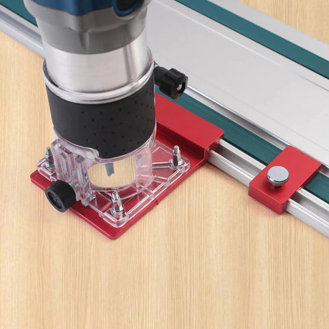 Two Pack Aluminum Guide Rail Limit Stops for Track Saws in use with power tool, showcasing red stopper on wood surface.