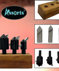 Assorted Three Piece Fly Cutter Set For Milling Machines With HSS Tool Bits In Multiple Shank Sizes, displayed with wooden holder