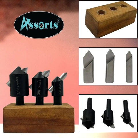 Assorted Three Piece Fly Cutter Set For Milling Machines With HSS Tool Bits In Multiple Shank Sizes, displayed with wooden holder