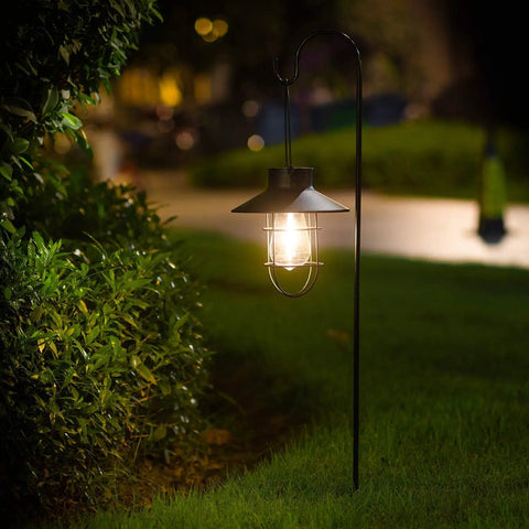 Two Pack Hanging Solar Lantern Lights with Shepherd Hooks Weatherproof Iron Edison Bulb Garden Pathway Lights for Outdoor Patio