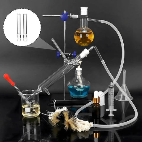 Glass Tube Stem Set Four Pcs Straight 110mm Downstems For Water Pipe And Lab Use with distillation setup and cleaning brushes
