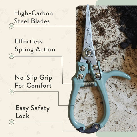 Herb Snipping Scissors For Gardeners, Lightweight Pruning Shears with high-carbon steel blades and easy lock, sage color