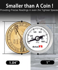 Compact One Inch Pressure Gauge Zero To One Hundred Psi For Coffee Machines Water Pumps And Air Compressors Stainless Steel Case One Eighth NPT Back Mount Handy Mini Gauge For Tight Spaces And Precise Readings next to coin for size comparison