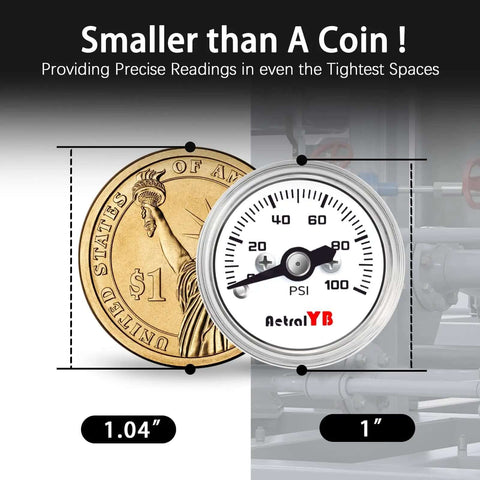 Compact One Inch Pressure Gauge Zero To One Hundred Psi For Coffee Machines Water Pumps And Air Compressors Stainless Steel Case One Eighth NPT Back Mount Handy Mini Gauge For Tight Spaces And Precise Readings next to coin for size comparison