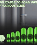 Multi Size Pipe Insulation Cutting Guide Kit With Molded Foam Cutter Tool Set For 15mm To 53mm Insulation Diameters Perfect For Home Industrial And Commercial Plumbing Jobs Includes Bonus 59 Inch Tape Measure Green, showing various sized foam cutters and tape measure.