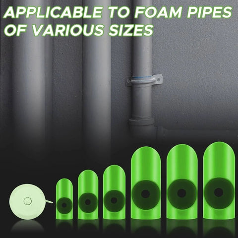 Multi Size Pipe Insulation Cutting Guide Kit With Molded Foam Cutter Tool Set For 15mm To 53mm Insulation Diameters Perfect For Home Industrial And Commercial Plumbing Jobs Includes Bonus 59 Inch Tape Measure Green, showing various sized foam cutters and tape measure.