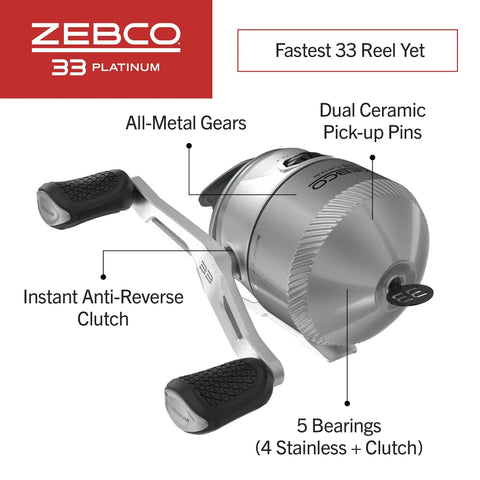 33 Platinum Spincast Fishing Reel With No-Tangle Design, Dial Adjustable Drag, QuickSet Anti-Reverse, silver features labeled.