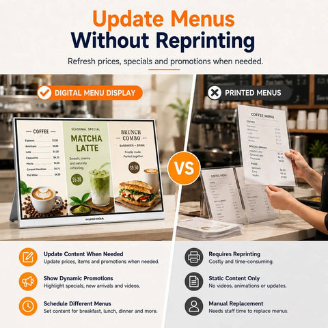 23.8 Inch Countertop Digital Signage Display With Scheduled Power Cycling And Cloud Content Sync For Restaurant Menus And Retail Kiosks showing dynamic promotions