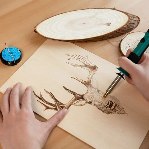 Using 14 In 1 Wood Burning Kit With Adjustable Temperature Pen Heat Deflector Rubber Grip 10 Tips Two Wood Pieces Flip Up Stand