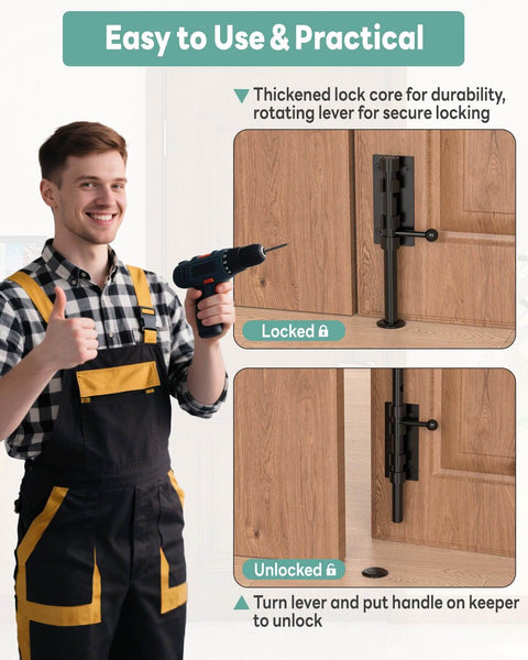 Man holding drill next to wooden door with installed 304 Stainless Steel Slide Bolt Gate Latch 8 Inch Sliding Barrel Bolt Door Lock.