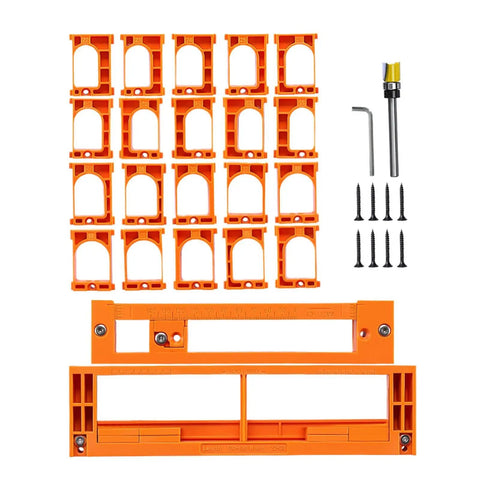 Adjustable Invisible Hinge Router Guide Template Reusable Cabinet Mortise Jig with orange molds and screws for precision installation.