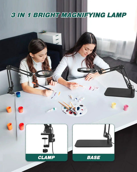 Two people using 5X And 10X Magnifying Lamp With Stand Clamp Lighted Magnifier For Close Work Crafting Sewing on a table