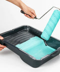 Premium 18 Pack 9 Inch Microfiber Paint Roller Covers With Half Inch Nap Non Shedding Texture being used with paint tray.