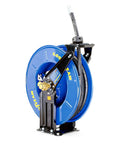 Side view of retractable oil hose reel one half inch by fifty feet premium steel construction heavy duty industrial spring driven