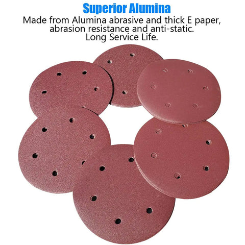 Nine Inch Drywall Sanding Discs Set, 30 Pack With Hook And Loop Backing, Grits 80 100 120 180 240 400, 6 Hole Aluminum Oxide Paper