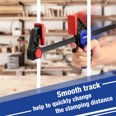 One Handed Bar Clamps Set for Woodworking, Six Pack Quick Change F Clamp and Spreader in use, close-up of handle