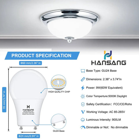 Ultra Bright 5000K Daylight GU24 LED Bulbs 9W 60W Equivalent 900 Lumens CRI 85 Plus A19 Shape Twist And Lock Spec Sheet