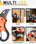 Mini Pocket Folding Knife With Carabiner Clip, 3Cr13 Stainless Steel Blade 1.38 Inches, shown cutting box, rope, pencil, fruit