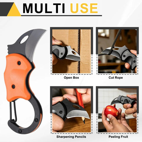 Mini Pocket Folding Knife With Carabiner Clip, 3Cr13 Stainless Steel Blade 1.38 Inches, shown cutting box, rope, pencil, fruit