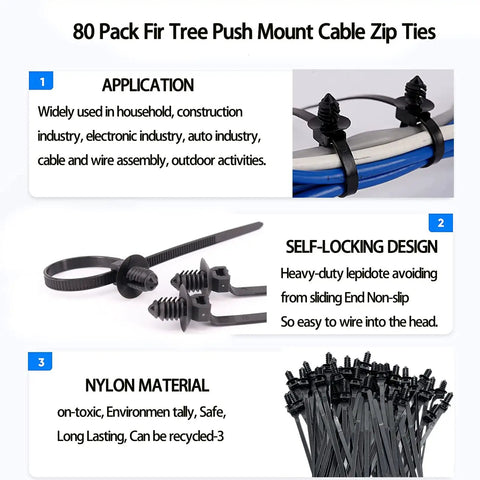 80 Pack Nylon Push Mount Cable Ties 8.3 Inches Long 0.18 Inches Wide Heavy Duty Self Locking UV Resistant Assorted Black For Indoor Wire Tying And Cable Management At Home Garage And Office