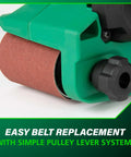 Close-up of green 36V Cordless Belt Sander With Brushless Motor Pro Grade 3 Inch By 21 Inch Sanding Belt Kit tool body