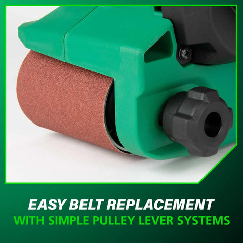 Close-up of green 36V Cordless Belt Sander With Brushless Motor Pro Grade 3 Inch By 21 Inch Sanding Belt Kit tool body