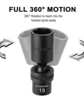 Close-up of Three Eighths Inch Drive Deep And Standard Universal Impact Socket Set, 6 Point, CR-MO Steel, 360-degree flex head, 19mm size