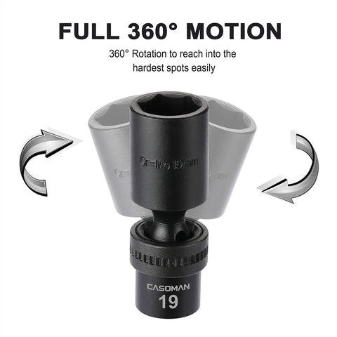 Close-up of Three Eighths Inch Drive Deep And Standard Universal Impact Socket Set, 6 Point, CR-MO Steel, 360-degree flex head, 19mm size