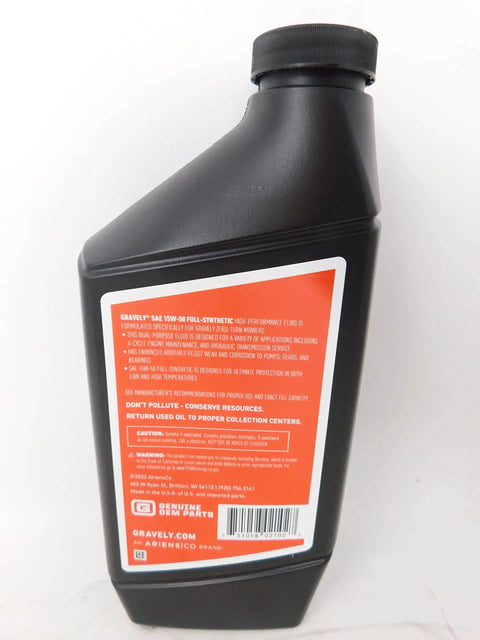 Five Quart Pack Of 15W50 Synthetic Hydraulic Fluid For Lawn Tractors And Mowers, High Performance Oil Bottle Back Label View