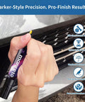 Person using Exact Color Match Car Paint Touch Up Pen For Cars, SUVs And Trucks, Quick And Easy Scratch Remover on car bumper