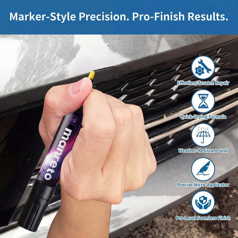 Person using Exact Color Match Car Paint Touch Up Pen For Cars, SUVs And Trucks, Quick And Easy Scratch Remover on car bumper