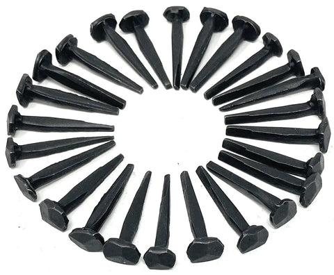 1 Inch Wrought Rose Head Nails Set Old School Hand Forged Antique Style Nails With Black Oxide Finish 25 Count arranged in a circle