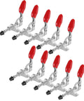 10 Pack Toggle Clamps Quick Release Pull Latch For Welding And Woodworking With Adjustable Rubber Grip and Flange Base Heavy Duty Flip Lock 99 Pound Rock Solid Hold, with red grips and zinc plated steel.