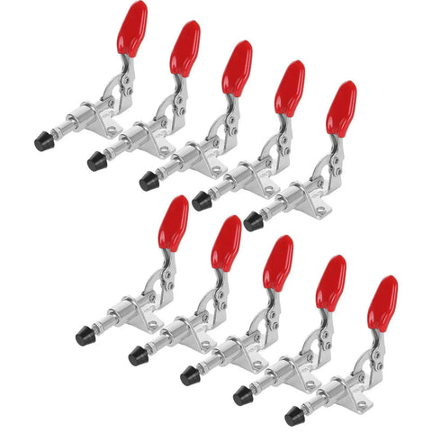 10 Pack Toggle Clamps Quick Release Pull Latch For Welding And Woodworking With Adjustable Rubber Grip and Flange Base Heavy Duty Flip Lock 99 Pound Rock Solid Hold, with red grips and zinc plated steel.