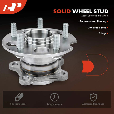 2 Rear Wheel Bearing And Hub Assembly Set For Toyota Highlander 2004 To 2013, Venza 2009 To 2016, Lexus RX330 2004 To 2006, RX350 2007 To 2009, RX400h 2006 To 2008, All Wheel Drive AWD, Five Lug, High Load Capacity showing solid wheel stud with 5 lugs and anti-corrosion coating.