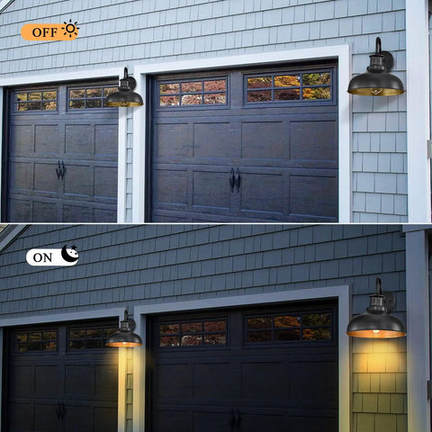 Gooseneck Barn Light Outdoor Wall Sconce Rustic Industrial Exterior Lighting Black Lantern With Gold Interior on garage