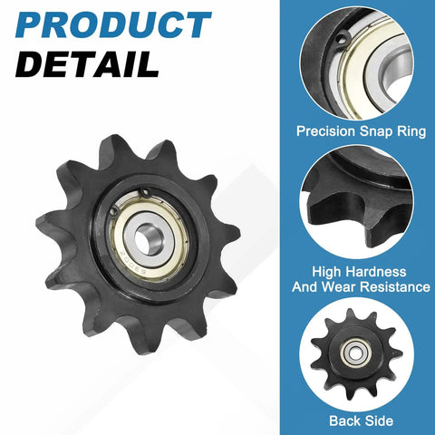 Built To Last Heavy Duty Roller Chain Idler Sprocket Type C With 10mm Bore 11 Tooth, black oxide steel showing close-up and backside details