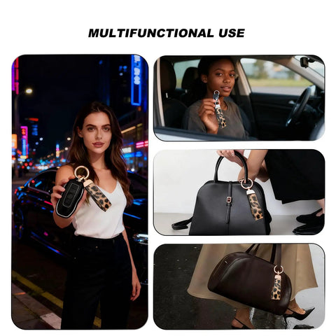 Boss Leopard Print Leather Keychain Car Key Holder Bag Charm Three In One Key Organizer for Car Office and Home shown in use