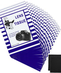Lens cleaning tissue booklets set; blue-striped packaging with 10 booklets and 2 microfiber cloths