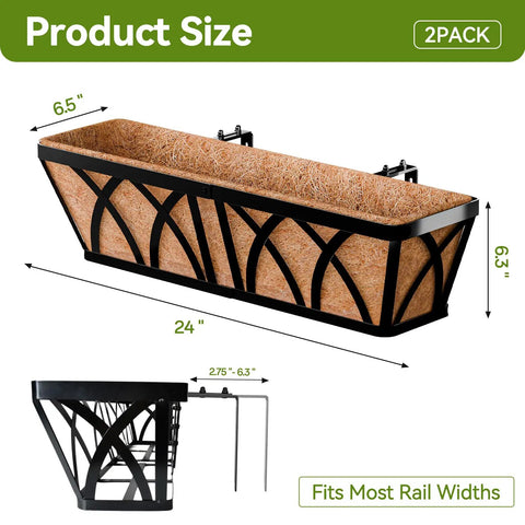 Two Pack 24 Inch Railing Planter Boxes With Coco Liners And Adjustable Brackets For Outdoor Balcony Fence Deck Porch And Garden