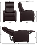 Dimensions and side views of the Comfy Padded Seat Recliner Chairs Set Of 2 For Home Theater, Dual Sofa Recliners With Brown PU Leather Upholstery.