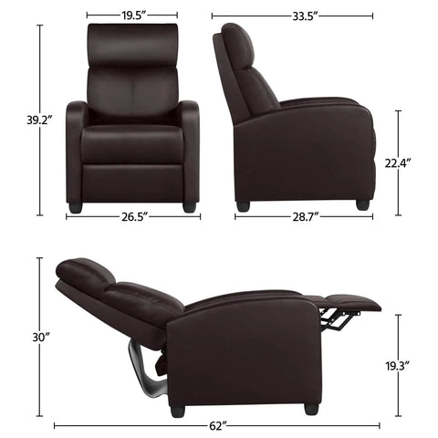 Dimensions and side views of the Comfy Padded Seat Recliner Chairs Set Of 2 For Home Theater, Dual Sofa Recliners With Brown PU Leather Upholstery.