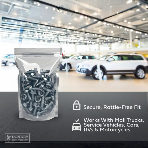 Slotted Hex Head License Plate Screws Metric 6mm X 16mm For Vehicles Pack Of 100 displayed in a bag in automotive showroom