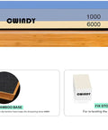 Dual Sided Whetstone Knife Sharpener Kit 1000/6000 Grit With Non Slip Base And Fix Stone displayed on bamboo base