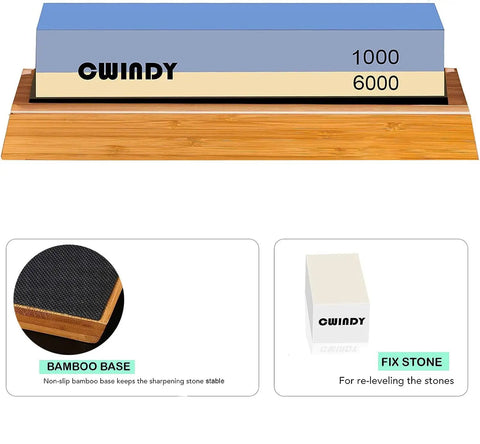 Dual Sided Whetstone Knife Sharpener Kit 1000/6000 Grit With Non Slip Base And Fix Stone displayed on bamboo base
