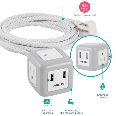 Flat Plug Cube Extension Cord With 10 Ft Reach, 3 Grounded Outlets And 2 USB Ports, 3 Prong Cube Power Strip, Gray White